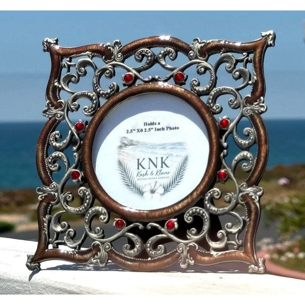 Ornate Picture Frame Bronze Silver Red Rhinestone Coastal Glam‎ 2.5